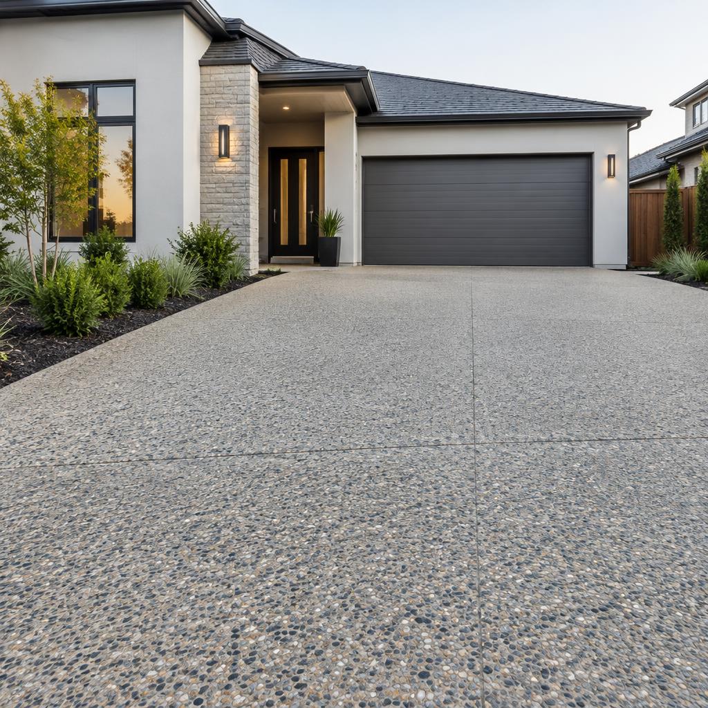 Exposed-aggregate concrete driveway leading to a modern home