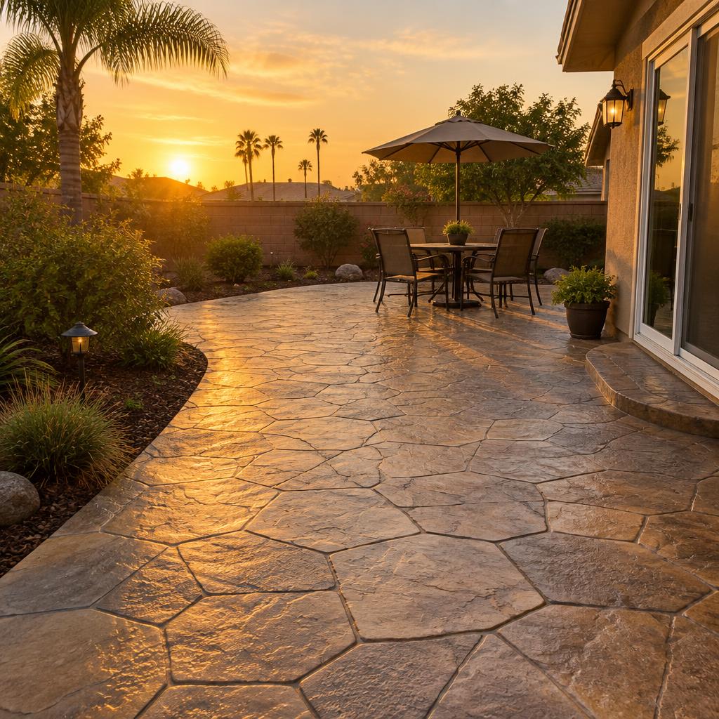Stamped concrete patio with stone pattern at golden hour