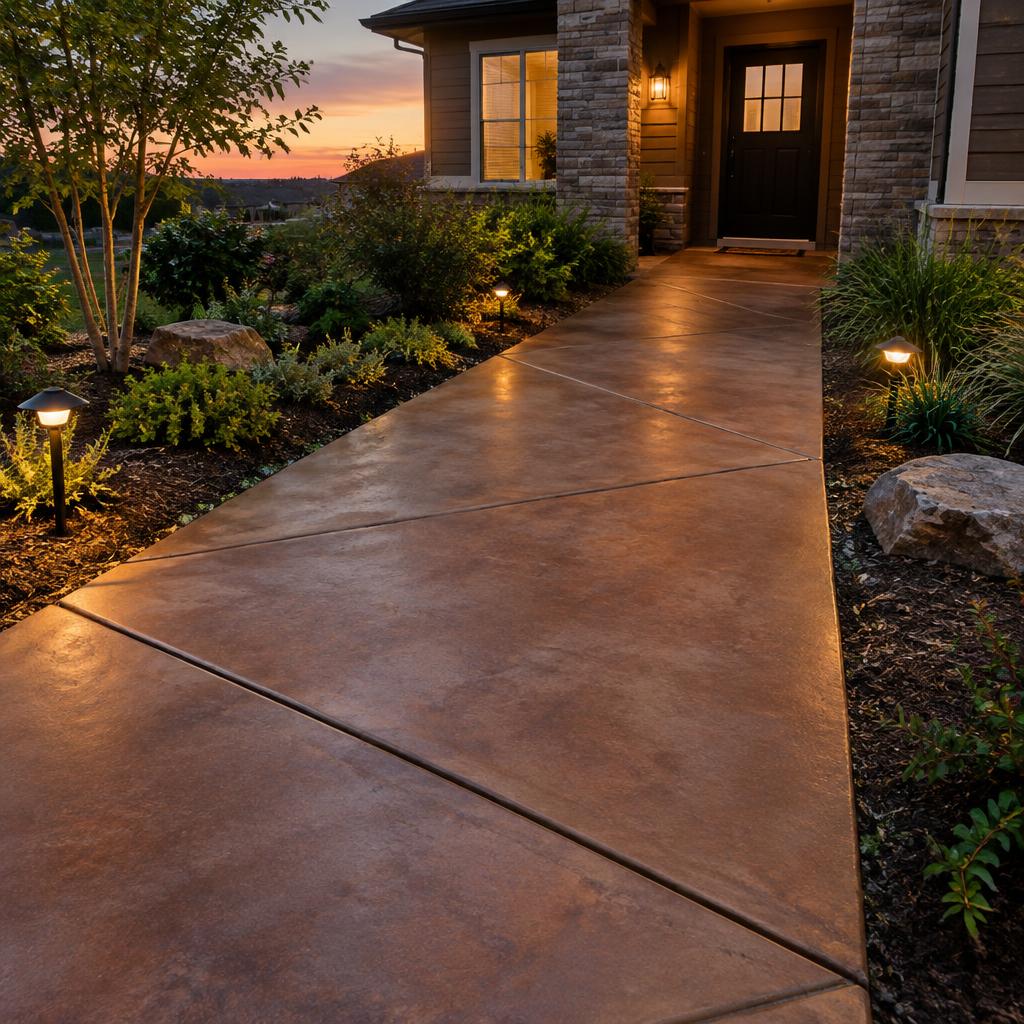 Stained concrete walkway with geometric joints at dusk
